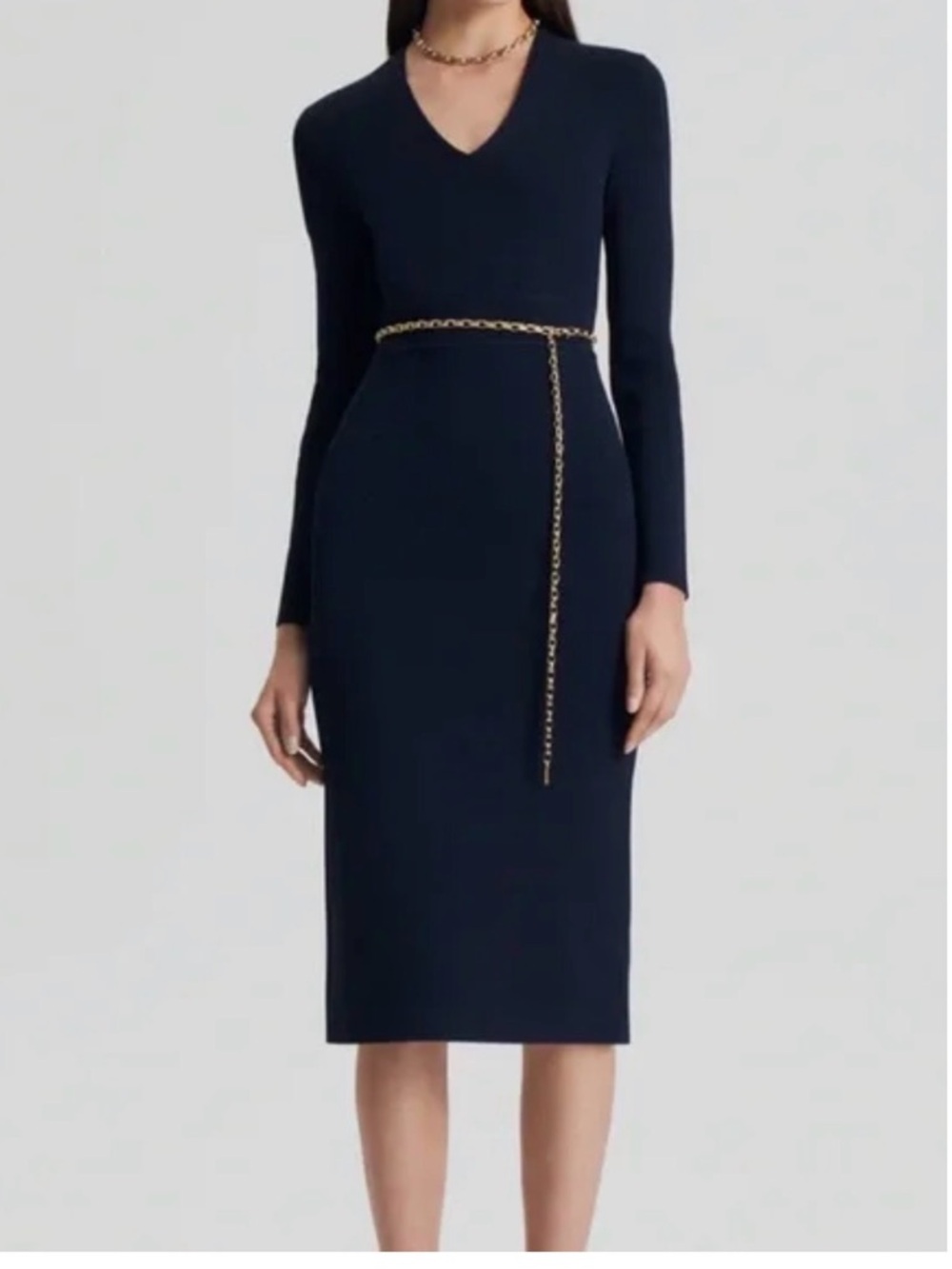 Scanlan Theodore Navy V-Neck Midi Dress with Waist Tie XS navy - Picture 1 of 6